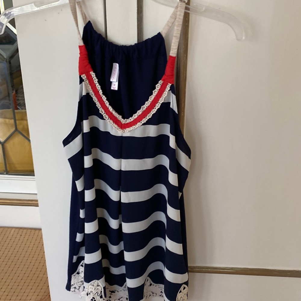 Sleeveless Tunic striped top.  Navy blue, cream and Coral.  Embroidered bottom